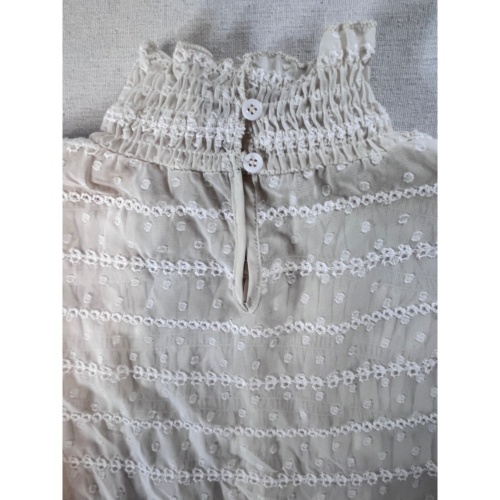 Cider Cream Smocked Peplum Blouse sz M Mock Neck Swiss Dot Embroidered Romantic - Picture 16 of 16